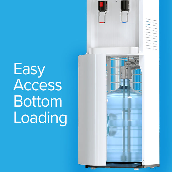 A bottom-loading water cooler with the door open, showing a large water bottle inside. The background is blue with the text Easy Access Bottom Loading beside the cooler.